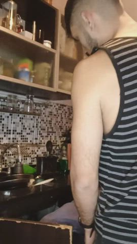 I finish fixing his kitchen and since he has no money I grab his throat and break