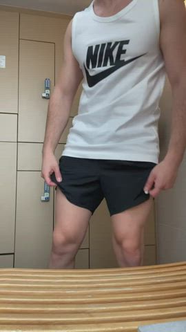 Me and my bro playing with our cocks in the gym’s locker room