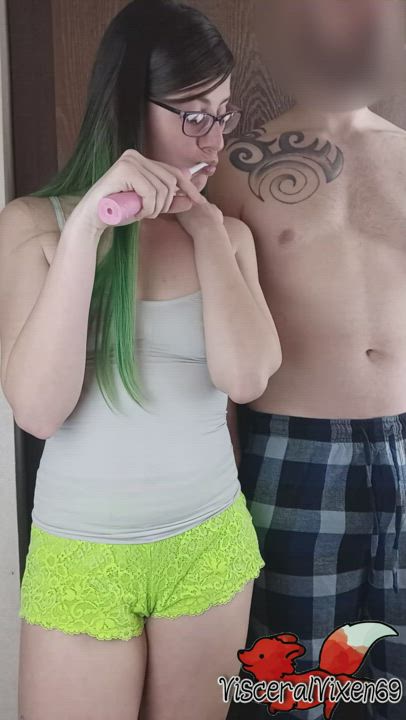 OC: I couldn't resist sucking his cock while he brushed his teeth!