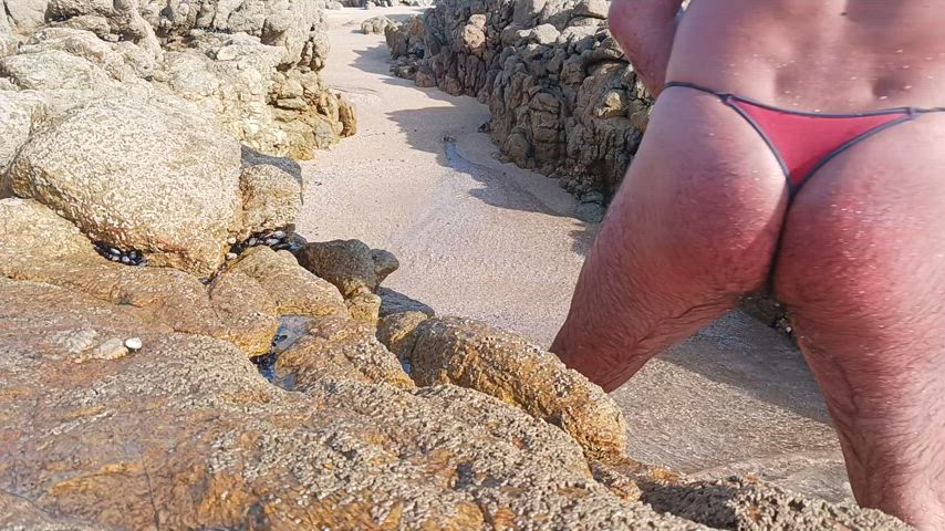 beach erection exhibitionist male masturbation masturbating nsfw thong wet gif