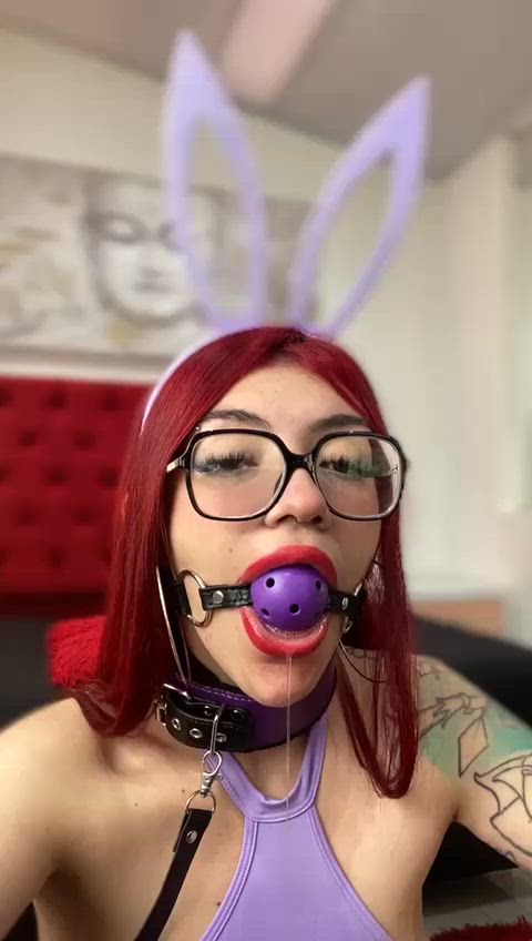 bdsm big tits blowjob cute gagged redhead saliva tits gif