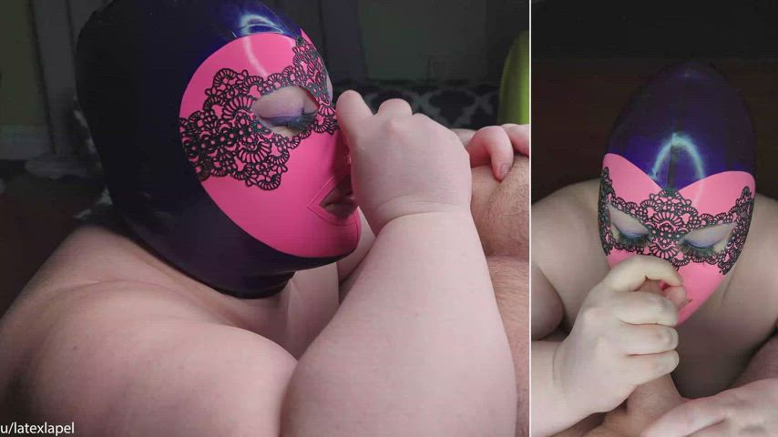 bbw blowjob chubby cumshot facial latex milf mask gif