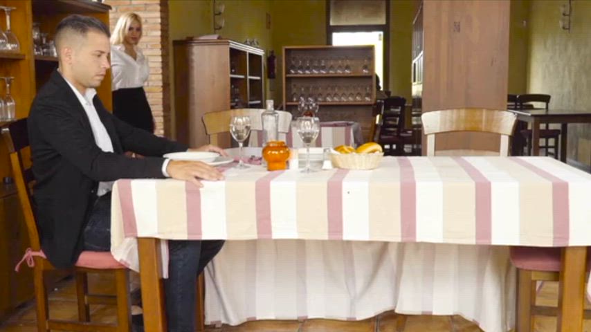 waitress blondie fesser gives sneaky blowjob under the table