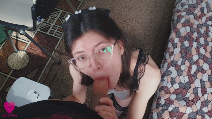 balls sucking brunette eye contact glasses maid nerd oral pov sucking gif