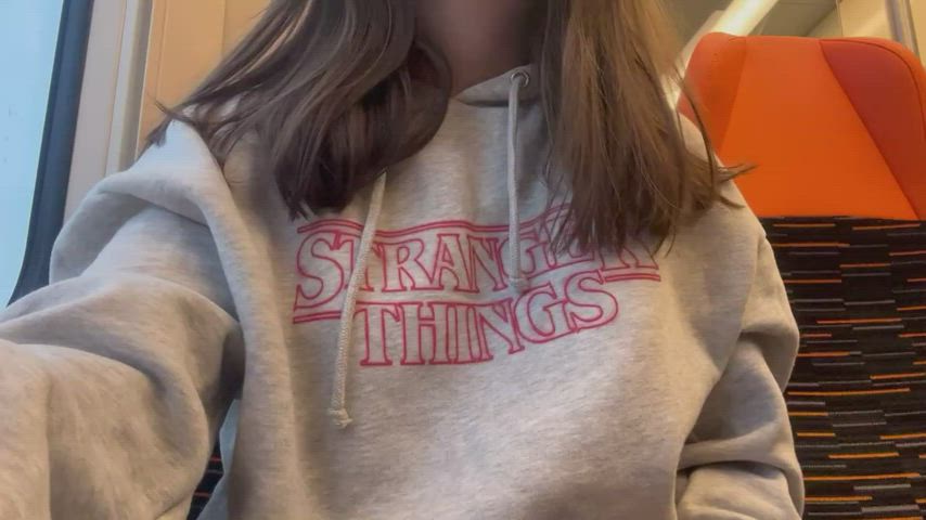 flashing perky public smile teasing gif