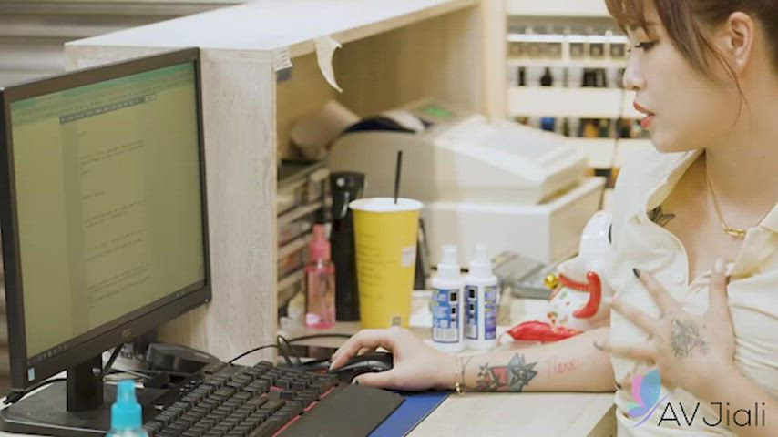 Cute shop worker gets caught masturbating at work