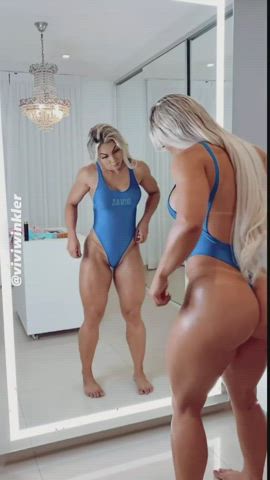 Blonde Fitness Muscular Girl Swimsuit gif