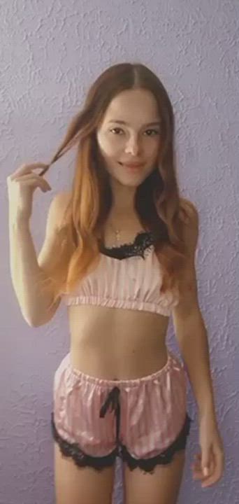 Brunette Long Hair Shaved Pussy Small Nipples Small Tits Smile gif