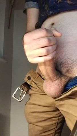 Fly: unzipped. Cock: hard. Shaft: drenched in saliva. You: ?