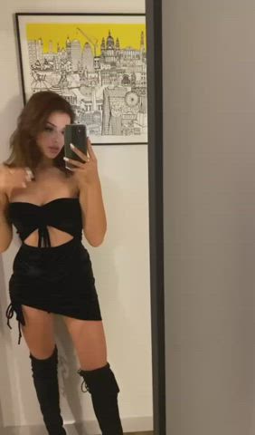 Flashing tits in front of mirror