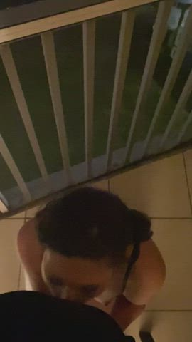 Slut wife sucking cock on balcony as car drives by [F]