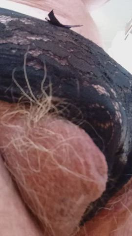 My tiny cock and big hairy balls pulsing in the wife's panties. He gets so turned
