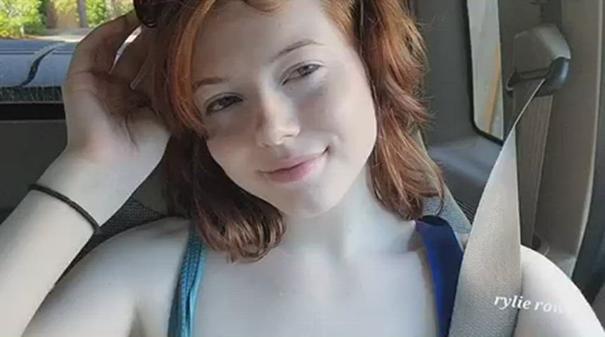 big tits car exhibitionist flashing pale public redhead gif