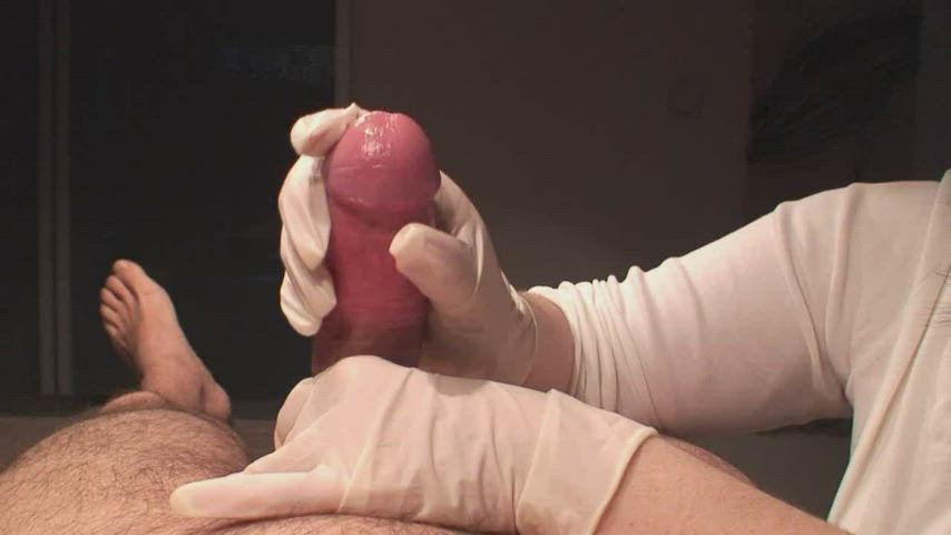 brunette cleo vixen cumshot handjob latex gloves gif