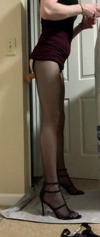 dildo high heels lingerie pantyhose sissy solo trans gif