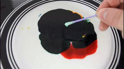 A drop of soap added to milk containing food coloring