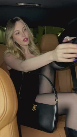blonde boots car pantyhose tights gif