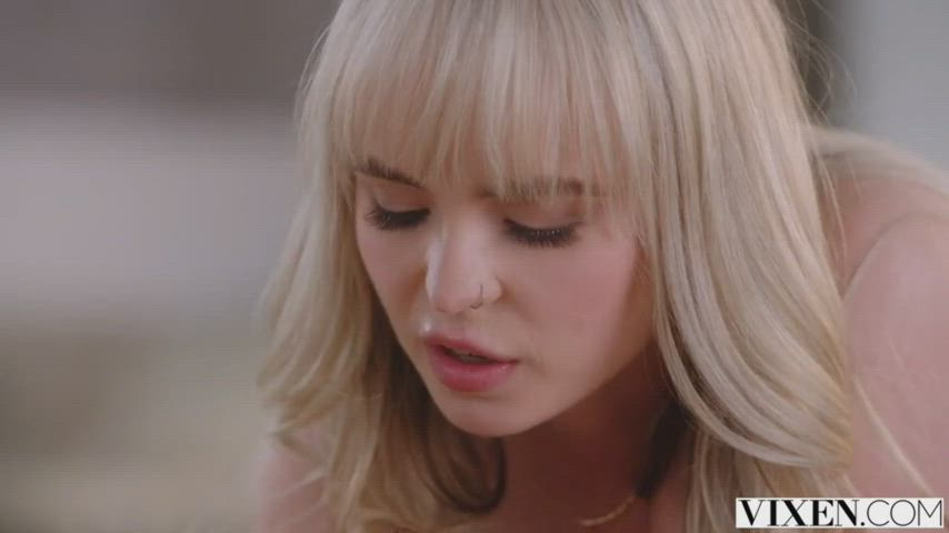 hot blonde with bangs giving a slow handjob and tell him to fuck her throat (sauce