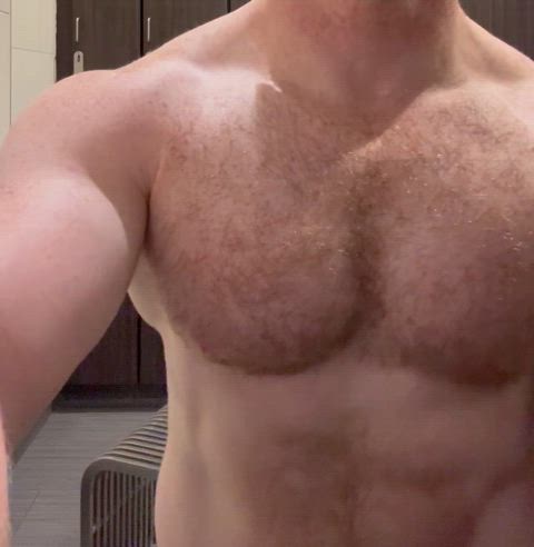 chest gym hairy chest locker room muscles redhead flexing gif