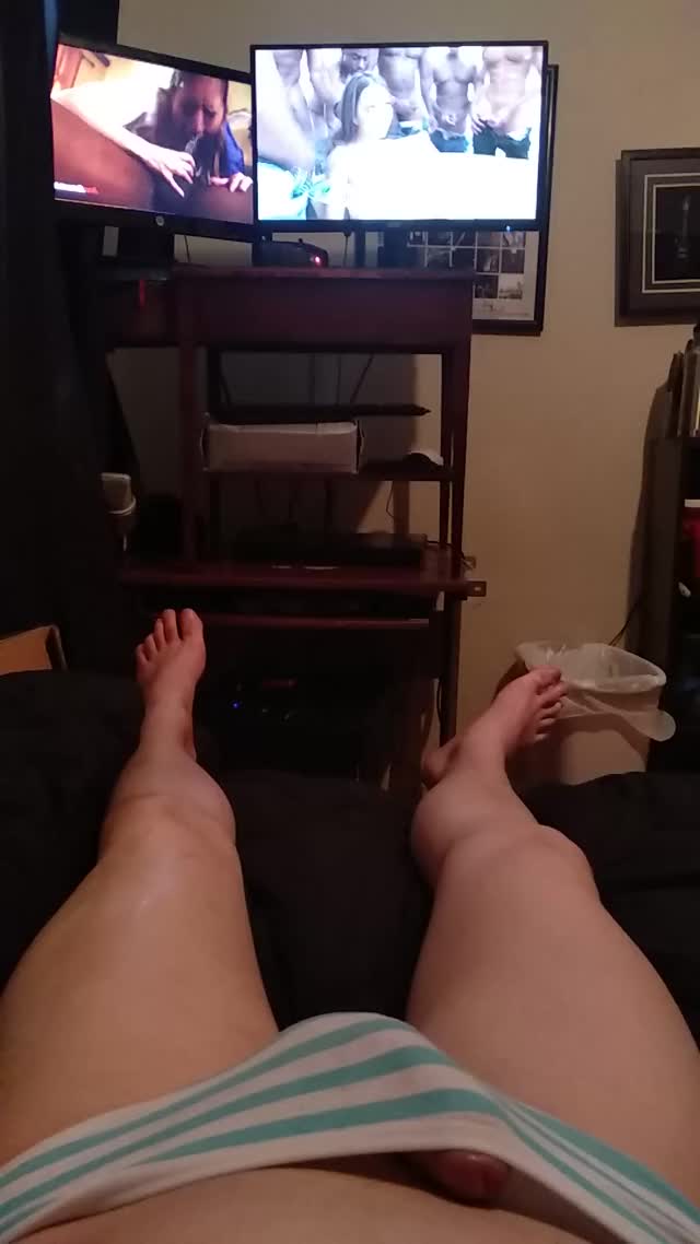 Jacking huge cum load in femboy panties while watching queen Riley Reid suck BBC