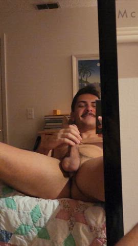 ballplay balls big balls big dick jerk off mustache tease teasing thighs gif