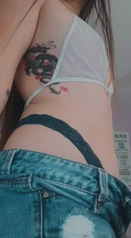 Blonde Long Hair Model Shorts Tattoo Underwear Undressing Webcam White Girl gif