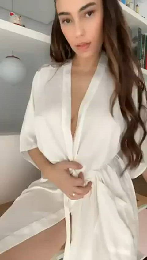 brunette long hair puffy nipples reveal robe gif