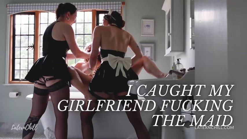 femdom lesbian lesbians maid pegging strap on threesome gif