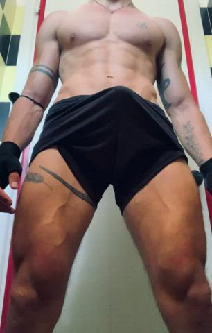 Pulling out my rock hard dick in my gym. Would you get on your knees?