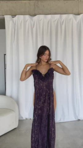 big tits brunette cute dress goddess high heels long hair onlyfans gif
