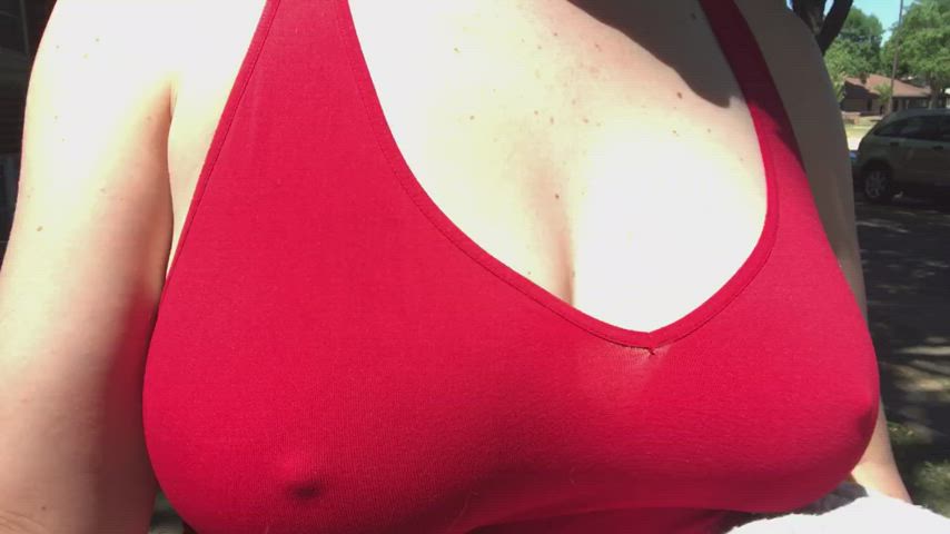Katie outside running errands with her erect nipples poking out, hoping she gets