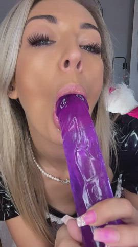blowjob blue eyes dildo drooling facial spit sucking gif
