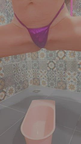 brunette peeing thong gif