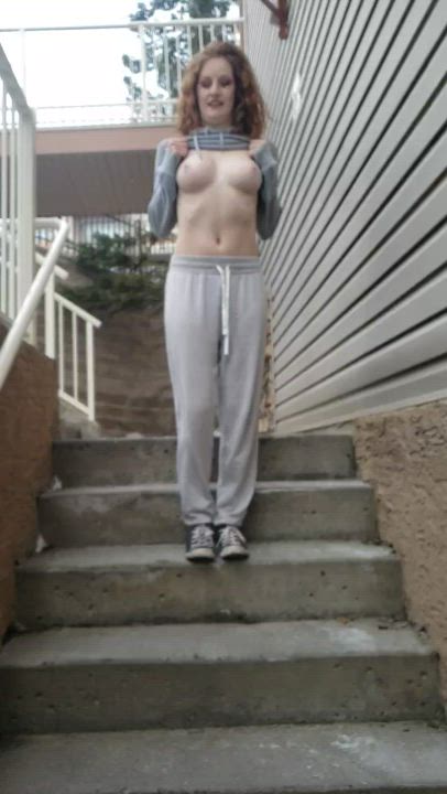 Big Tits bounceling down the stairs