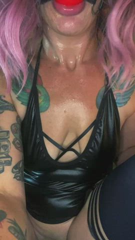 Using all the drool coming out of my gagged mouth to lube up my favorite you toy