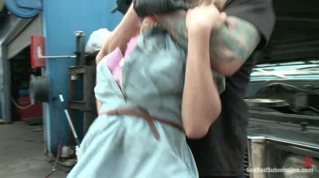 Poor girl choked, abused and tossed around by violent mechanic.