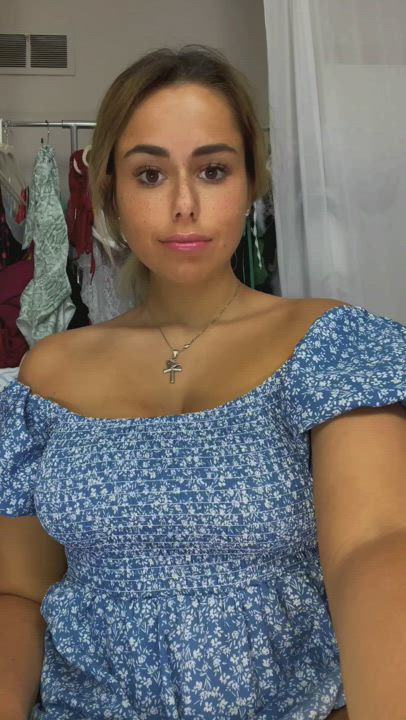 21 Years Old Big Nipples Big Tits Dress Smile Undressing gif