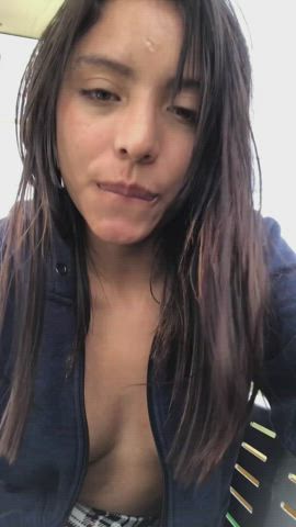 She loves showing off her tits in public and finds it so funny that all you can see