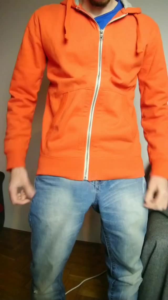 Orange sweatshirt, pink cock