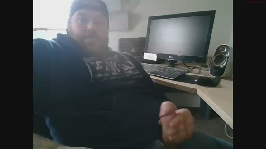 Hot guy stroking in a office back of a real mechanic shop!