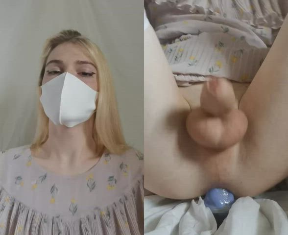 Amateur Dildo Mask Riding Solo Split Screen Porn Trans gif