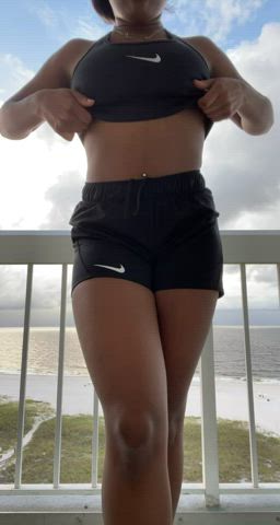 I love flashing out here! Who would fuck me over the balcony for everyone to watch?