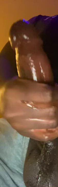 (19) Stroking my shiny black teen cock.
