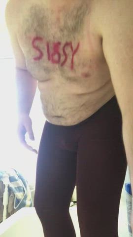 chastity chubby leggings piss pissing sissy slave submissive tights gif