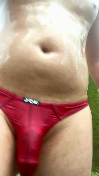 Oiled up in a red thong - Part 1