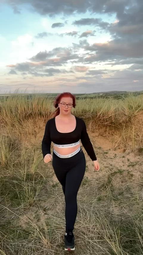 chubby clothed curvy cute leggings outdoor redhead slow motion thick walking gif