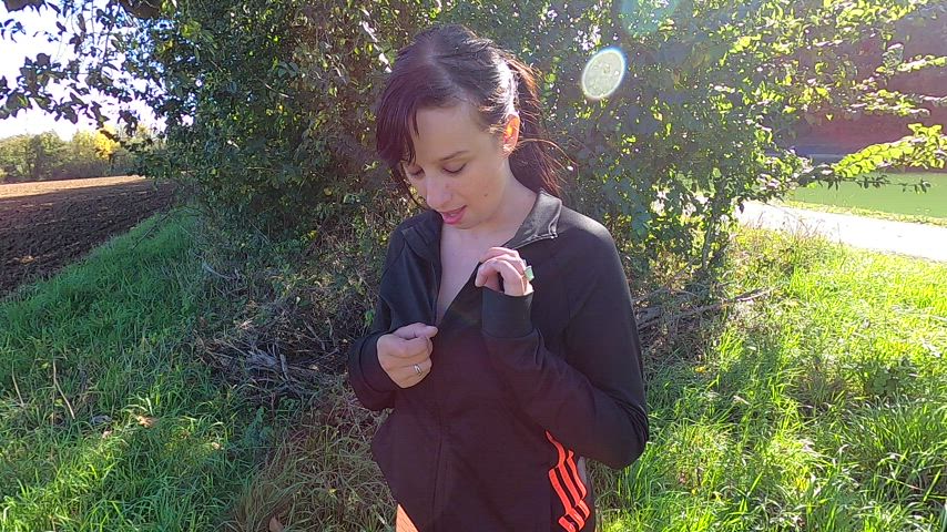 amateur boobs brunette french hotwife natural tits outdoor public tits gif