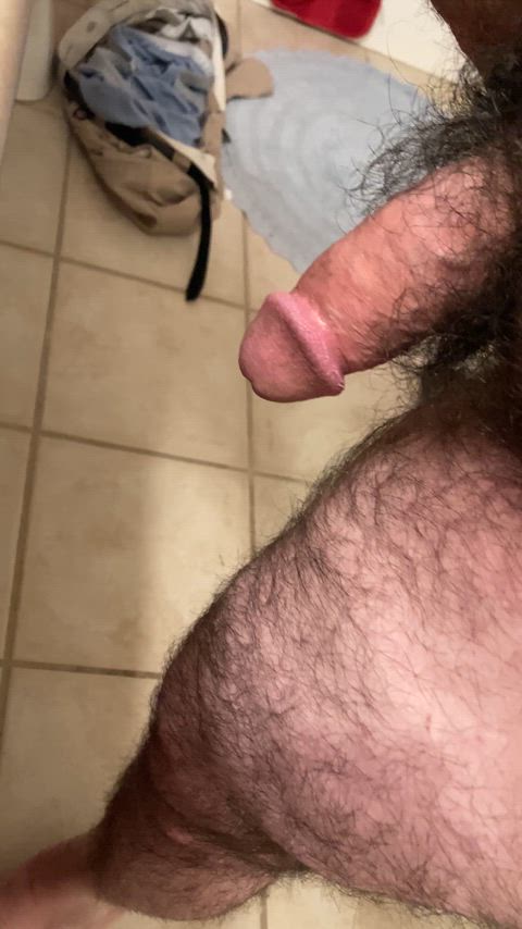 Leg up on the counter just pumping away.