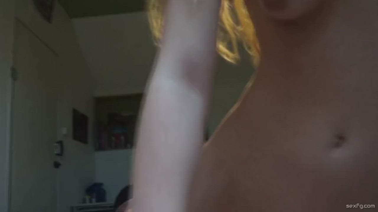 Blonde girl jerks him off all over her great tits