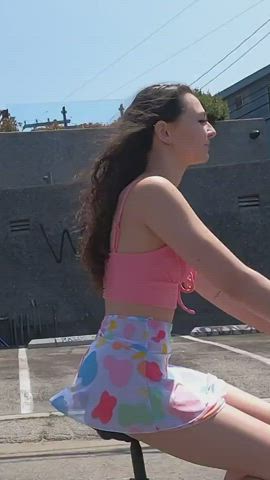 Liz Jordan flashes ass on a bike